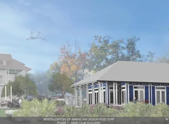 Architectural rendering of the revitalized American Legion Post 199 clubhouse and grounds.